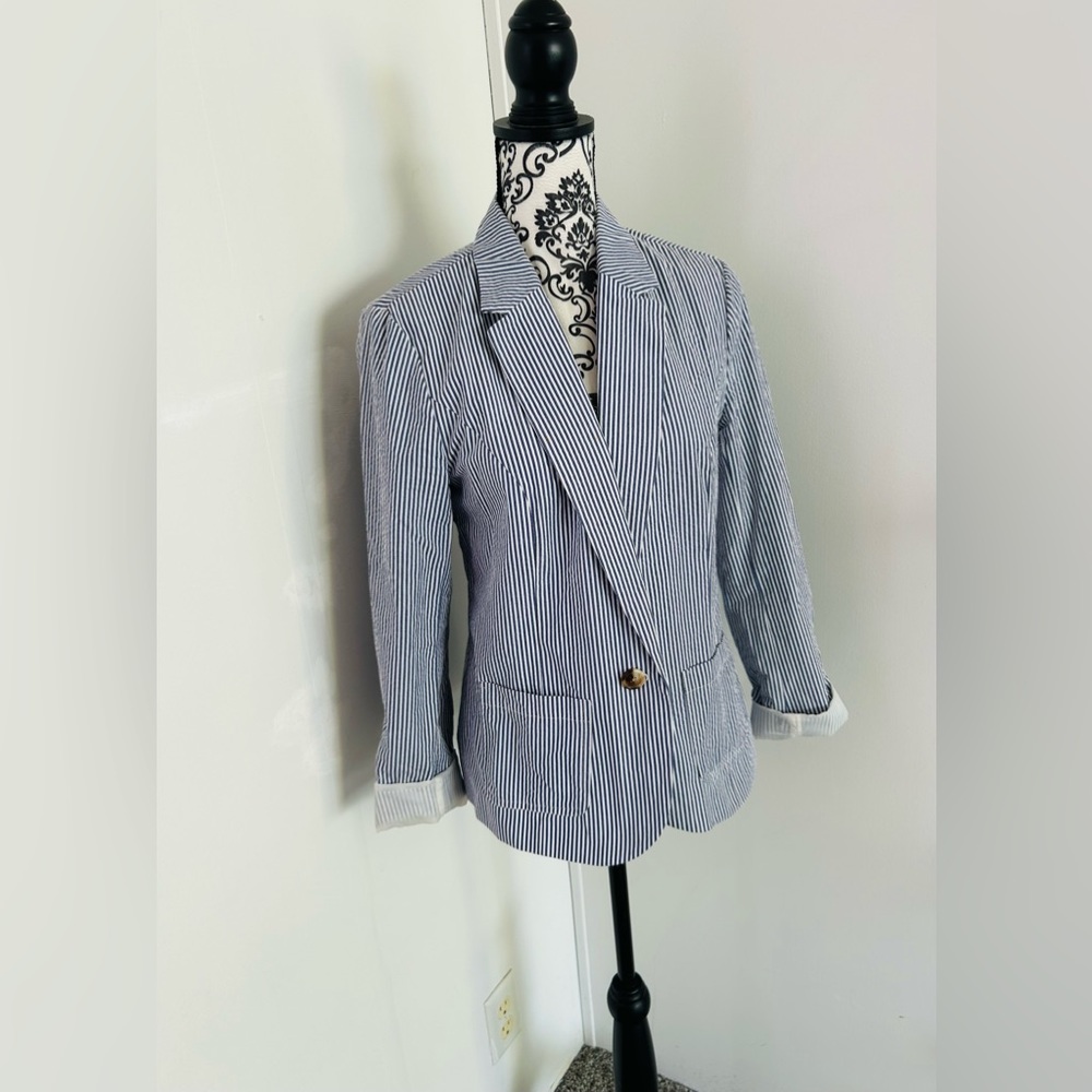 GAP Women’s Blue White Striped One Button Long Sleeve Cotton Blazer Size 8